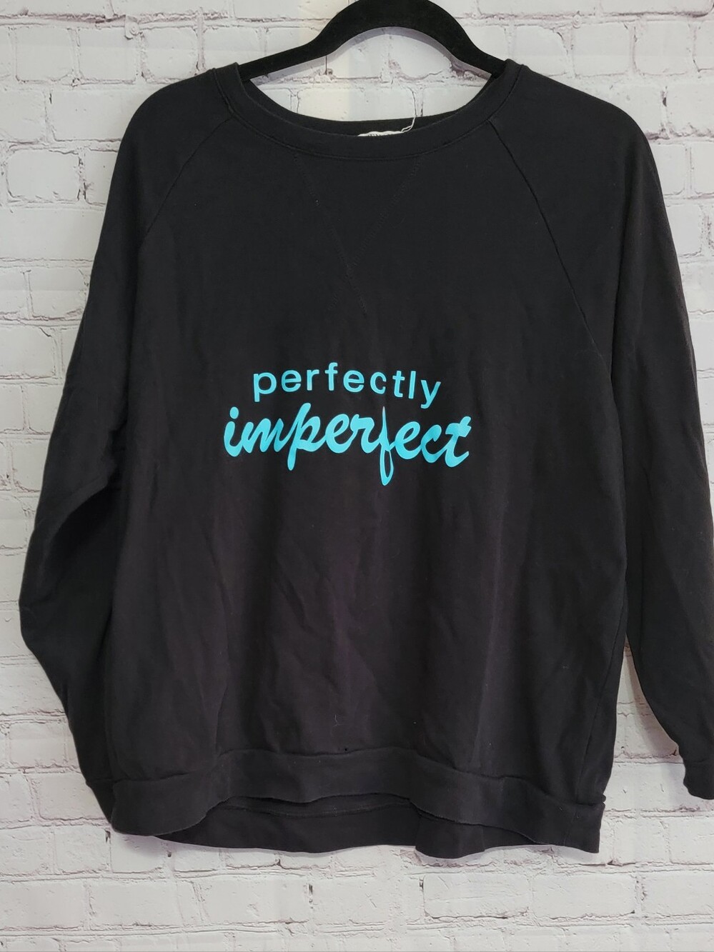 Zenana Perfectly Imperfect Black Sweatshirt with Teal Script Size Medium